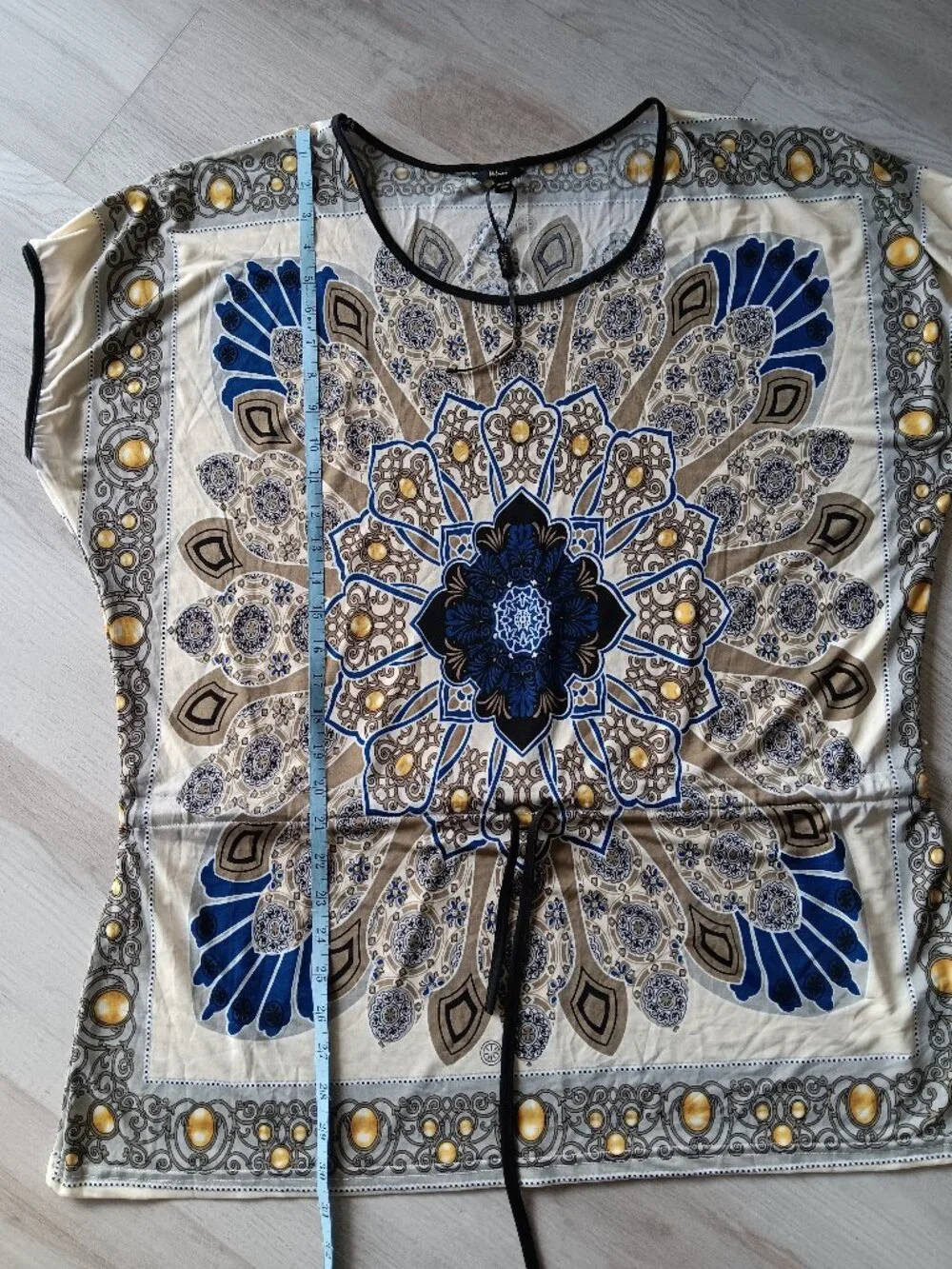 Milano Scoop-Neck Short-Sleeve Top Cover-Up Drawstring Tunic Blue White Large